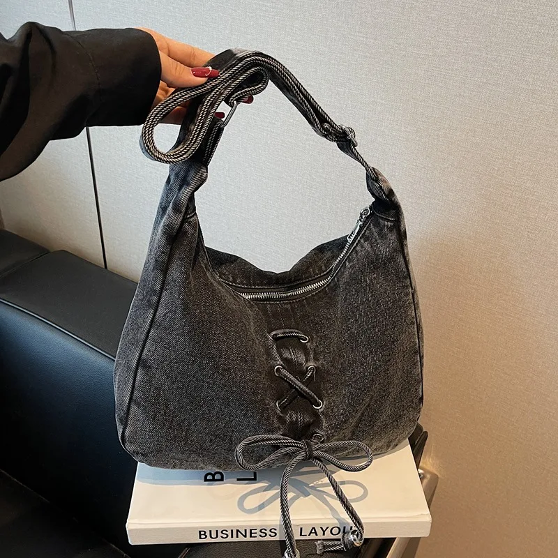 Durable denim women's hand-held tote bag with strap and large capacity crossbody single-shoulder bag