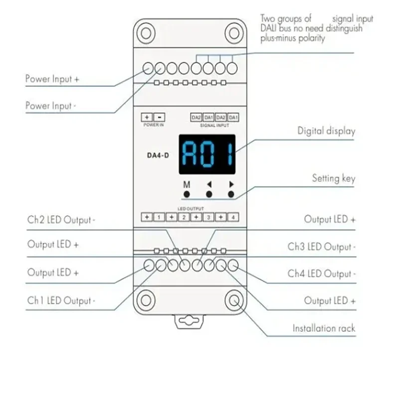 

AA87 12-24VDC CV Dimmer DA4-D (Din Rail)(DT6) 4Chx5a PMW Dimming 4 X (60-120)W Driver For Single Color RGBW Tape Strip Light