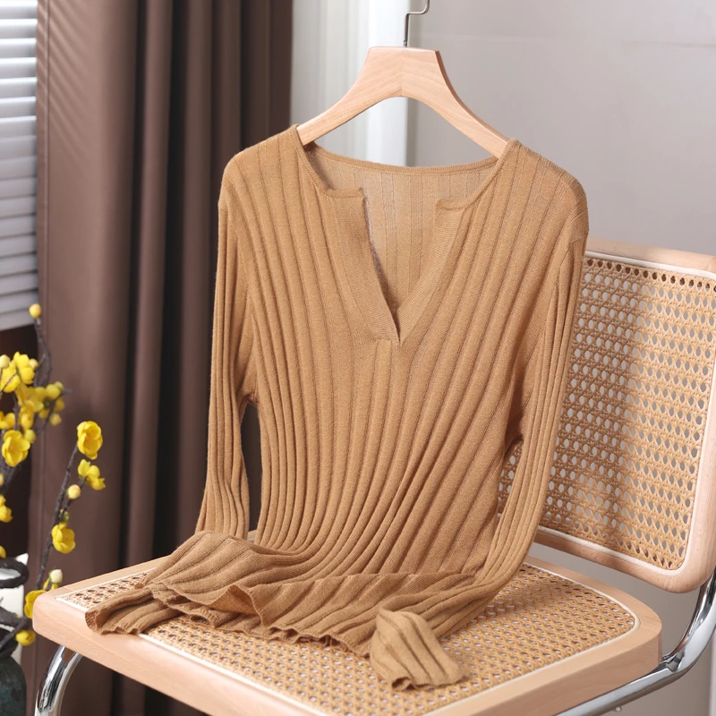 Women's Pullover Spring/Autumn Fine Imitation Wool Sweater Casual Solid Color Knitwear Fit Ladies TopsV Neck Korean Style Blouse