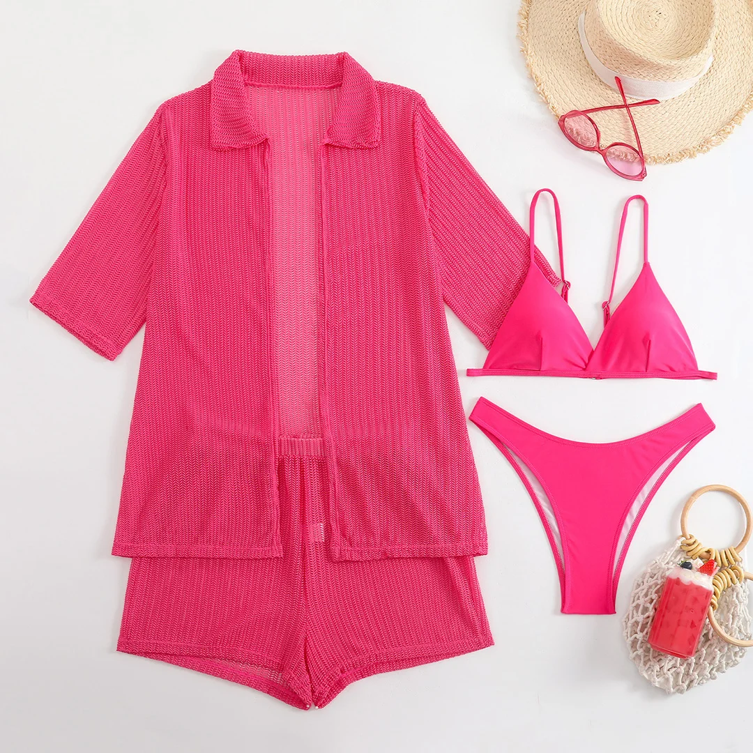 Mit Hemd, Shorts, Neckholder, brasilianischer Bikini, Damen-Badeanzug, Damen-Bademode, vierteiliges Bikini-Set, Badeanzug, Badebekleidung, Schwimmbekleidung V5716H – Detail 24