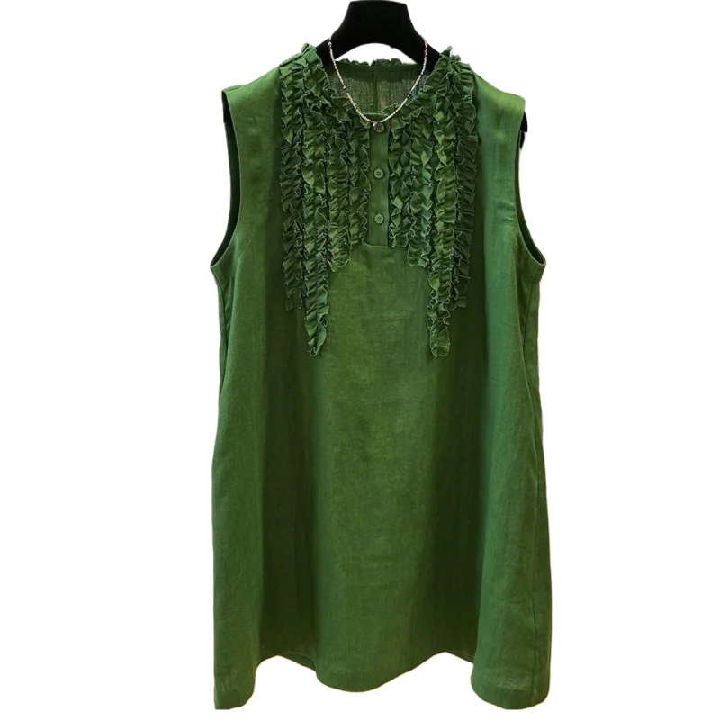 Summer Women's Fashion Sleeveless Dress Casual Loose O-Neck Dress Retro Contrasting Color T-Shirt