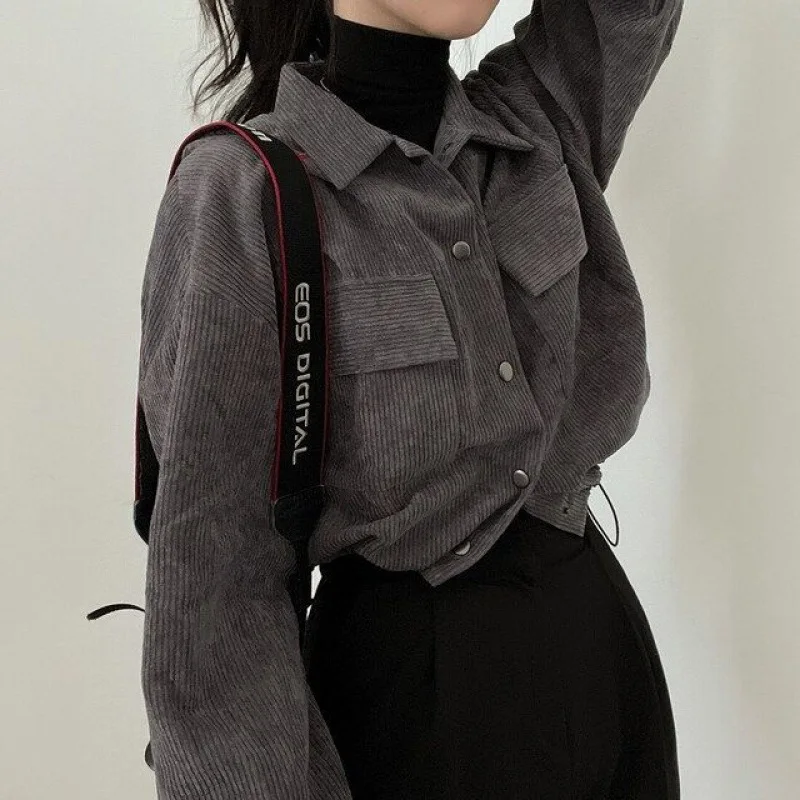 

New Retro and Simple Collar Short-Sleeved Drawstring Long-Sleeved Shirt Dress with Corduroy Loose Coat for Women