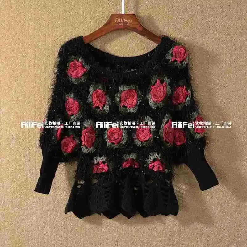 Short Sleeve 3D Rose Flower Mohair Sweaters Women Hollow Out Crocheted Sweaters Lady Short Sleeve Flower Flower Sweater