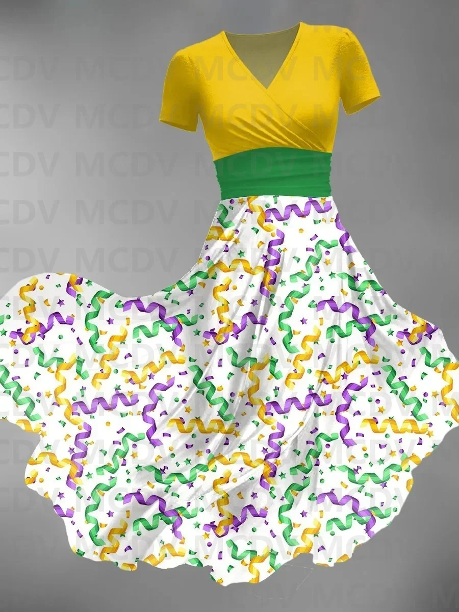 Vestido feminino sexy com decote em v, Mardi Gras vintage, impressão 3D, vestidos femininos