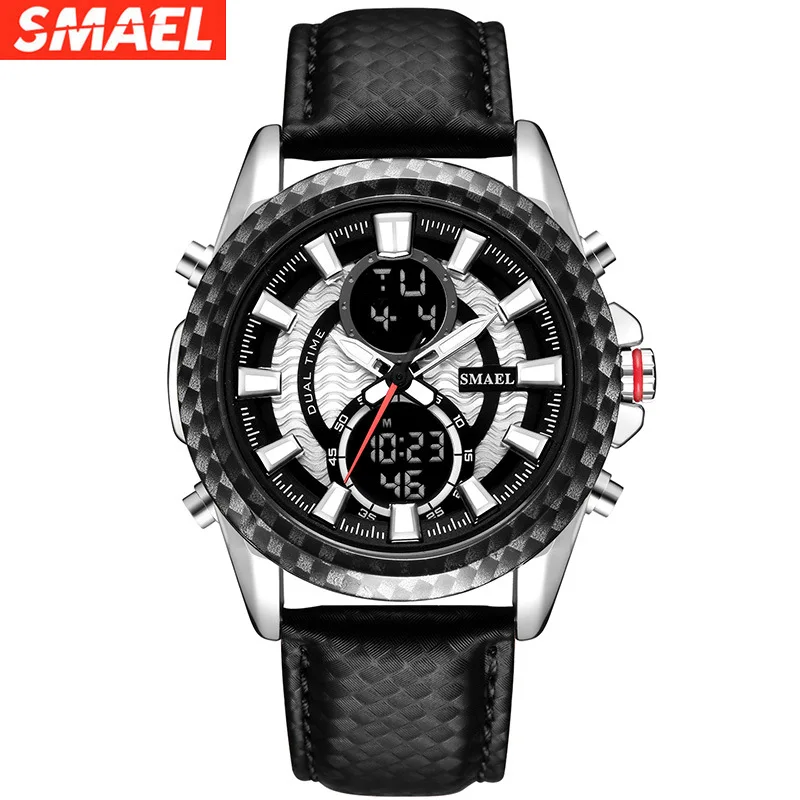 Smael-男性と女性のための多機能電子時計,カジュアル,ダブルディスプレイ,ベルト付き,最大50mの耐水性