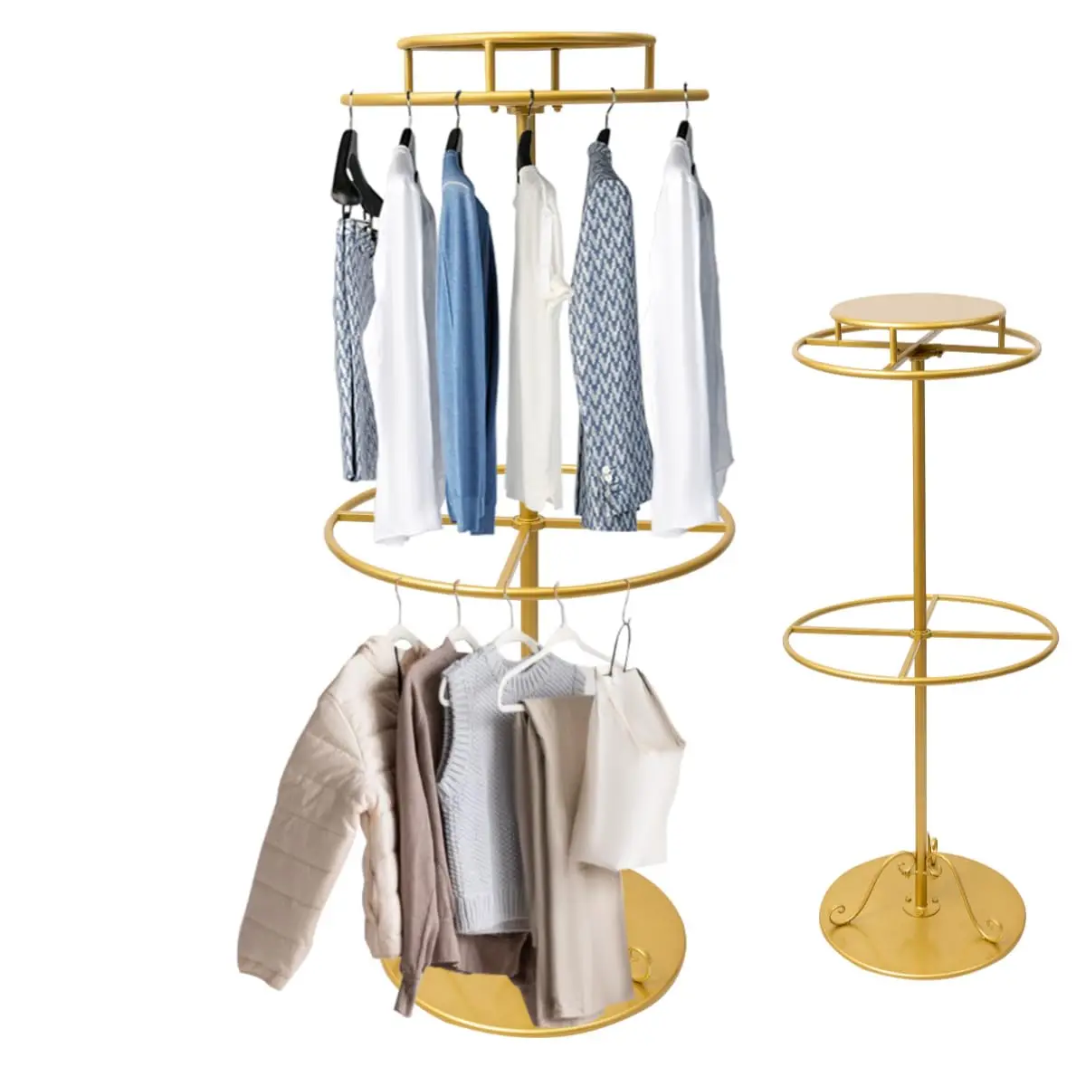 

2-Tier Rotatable Round Garment Rack 360 ° Swivel Clothing Rack for Boutiques Floor-Standing Double Space Multi-Purpose Clothes Rack