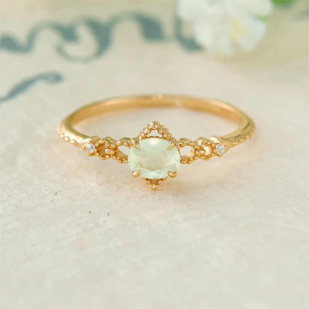 لامون خمر خاتم الأحجار الكريمة الطبيعية Prehnite للنساء رومانسية الجوف خارج 925 فضة الذهب Vermeil غرامة مجوهرات هدية