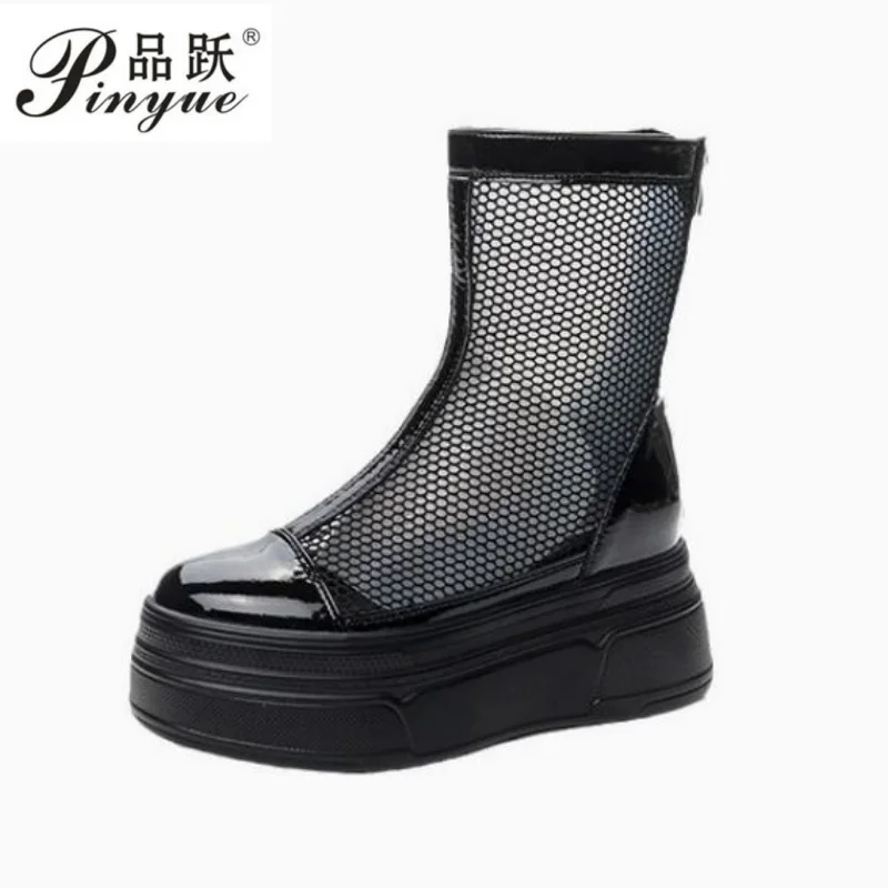 

8.5cm women Muffin base Heel Single Boots Summer New Round Head Splicing Mesh Back Zipper Platform Non-slip Short Boots 34-39
