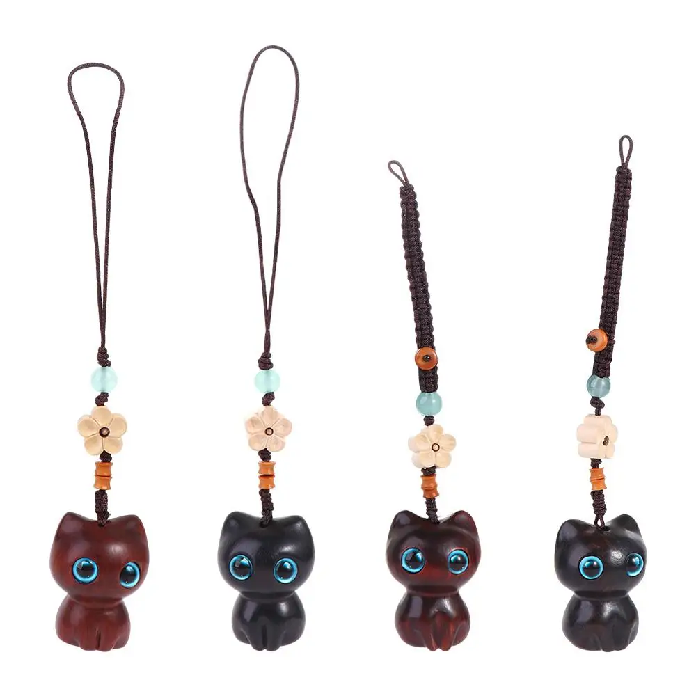 Chinese Style Pendant Car Key Charms Phone Pendent Lucky Cat Pendant Sandalwood Key Chain Key Chain Strap Mobile Phone Ring