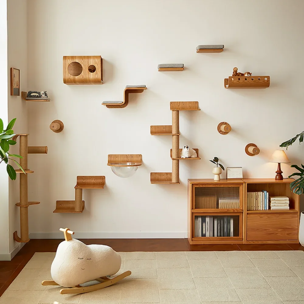 Wall-Mounted Cat Climbing Shelf Wooden Cat Tree Cat Scratching Post Jumping Platform Hide House Grinding Claws Toy Pet Furniture