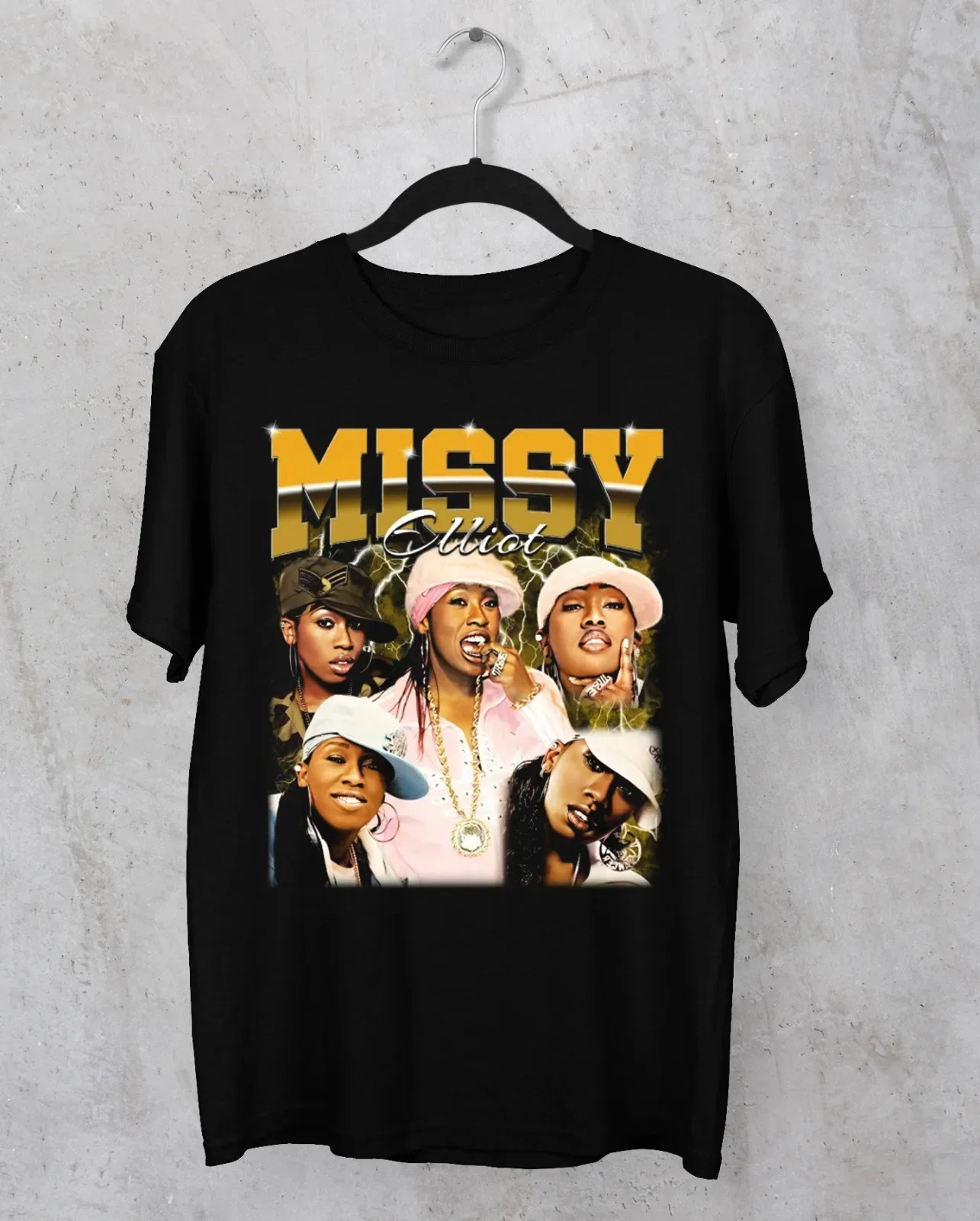 Camiseta collage Missy Elliott de manga corta, todas las tallas, color negro 1F186