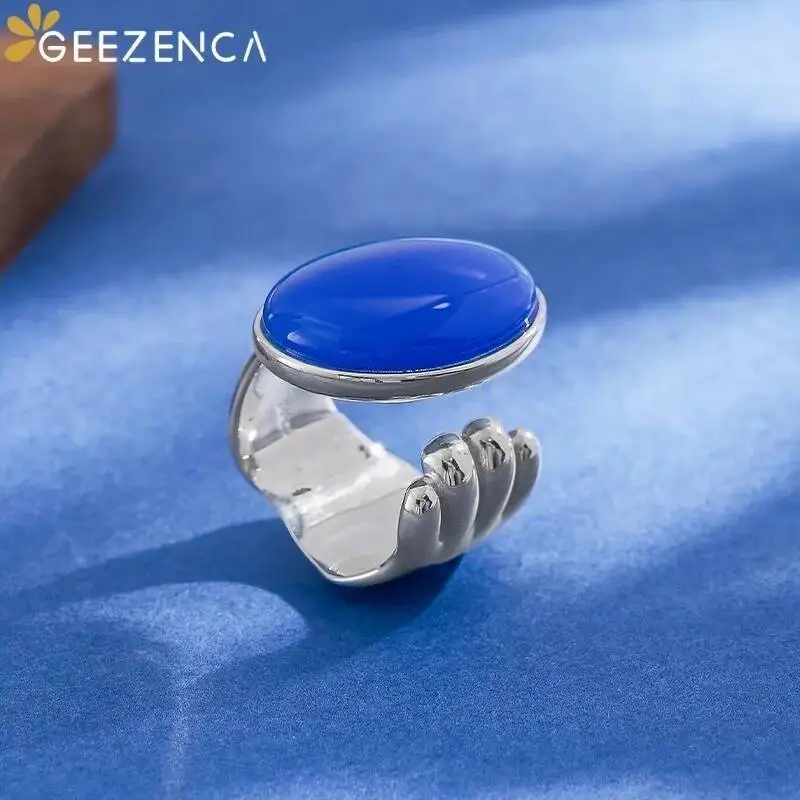 GEEZENCA  925 Sterling Silver Blue Agate Stone Palm Shape Open Rings Women Minimalist Trendy Big Oval Stone Chunky Ring Gift