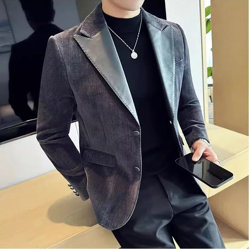 Lederen Splicing Chenille Pak Jassen 2023 Herfst Winter Nieuwe Mannen Business Casual Slim Fit Jassen Formele Bruiloft Slipjas