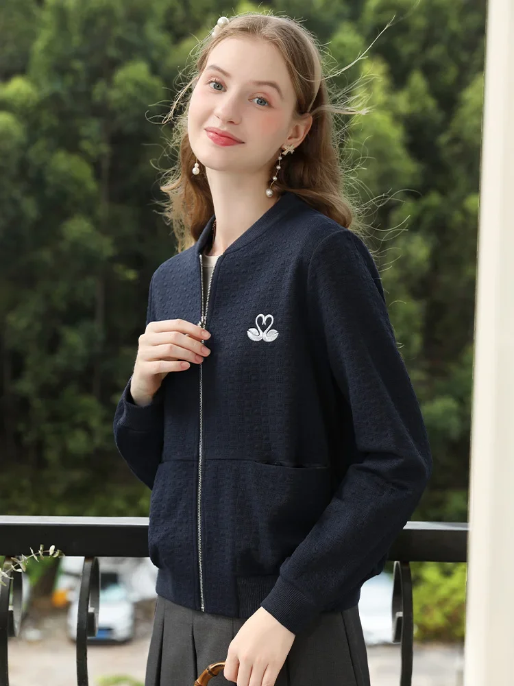 I BELIEVE YOU Embroidery Royal Blue Fall Clothes 2024 Women Casual Short Coat Office Lady Solid O-Neck Basics Jacket 2244185831