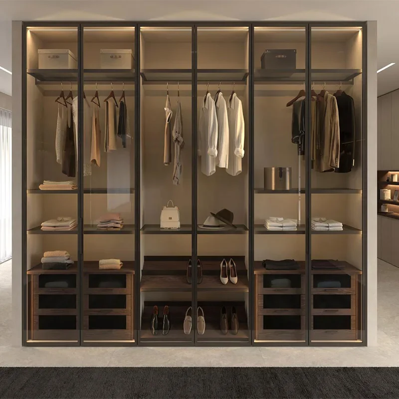 Wish Cloakroom Furniture Clothes Storage Walk in Closet Wardrobe Black Wardrobes Cabinet Closet With Glass Door LED Lights