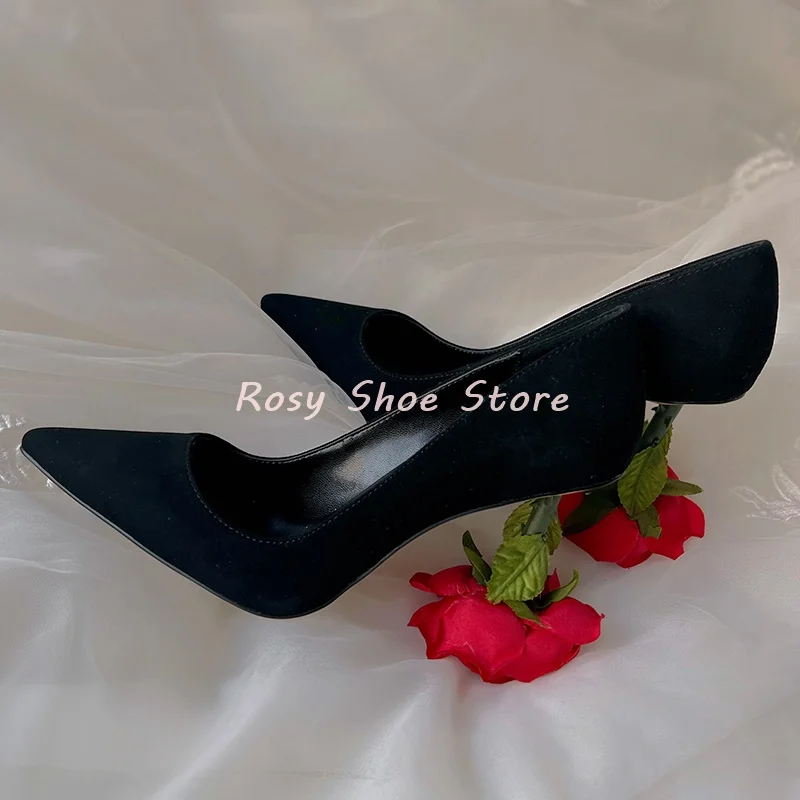 Red Patent Leather Black Suede Elegant 3D Rose Heel Women's Pumps Wrapped Pointed Toe Shallow Mouth Wedding Banquet Bride Shoes