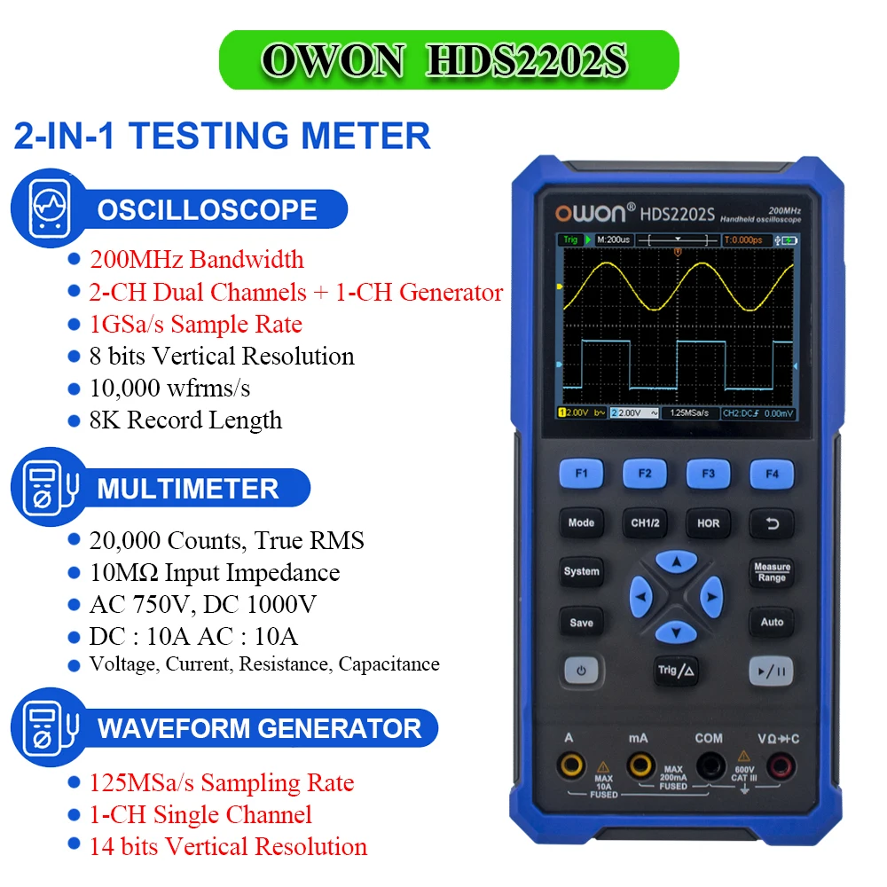 OWON 2CH HDS2202S 200MHz 1GSa/s Handheld Oscilloscope Multimeter 25MHz Waveform Signal Generator 3.5inch USB True RMS Test Tool