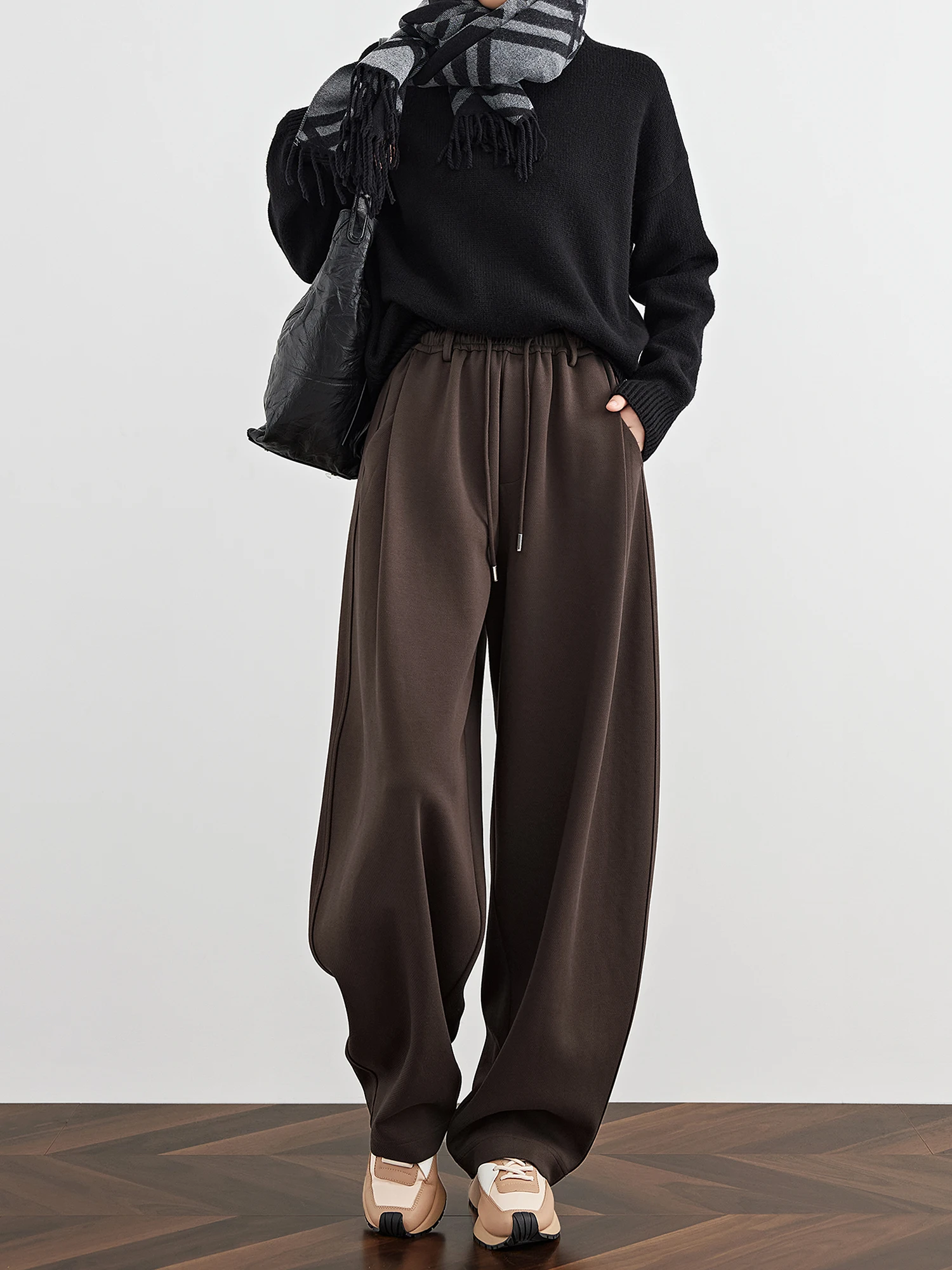 

TUMPUS Women's Fce Lined Elastic Waist Wide Leg Pants Thi Winter High Waist Warm Slimming Coffee Color Casual Trousers