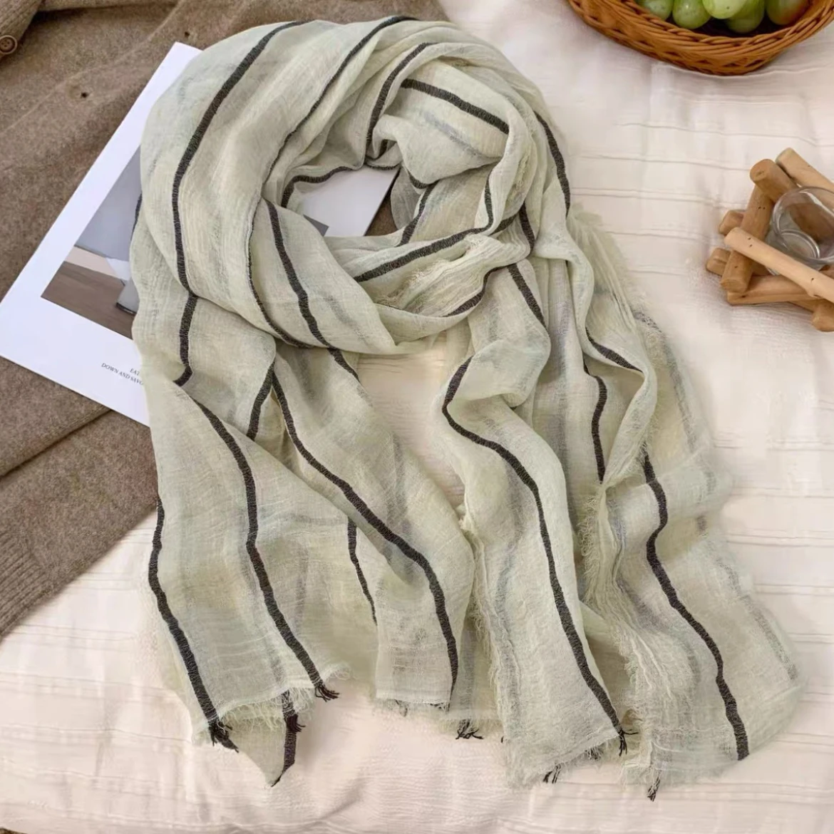 Unisex Style Cotton Linen Striped Scarf Breathable Warm Neckerchief Autumn Winter Women's Scarves Casual Long Shawls Bufandas