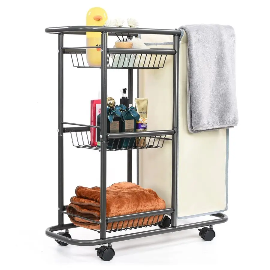 

Laundry Cart with Wheels Heavy Duty Laundry Basket with Wheels 3Tier Cleaning Cart Between Washer and Dryer Storage with 1 Bag f