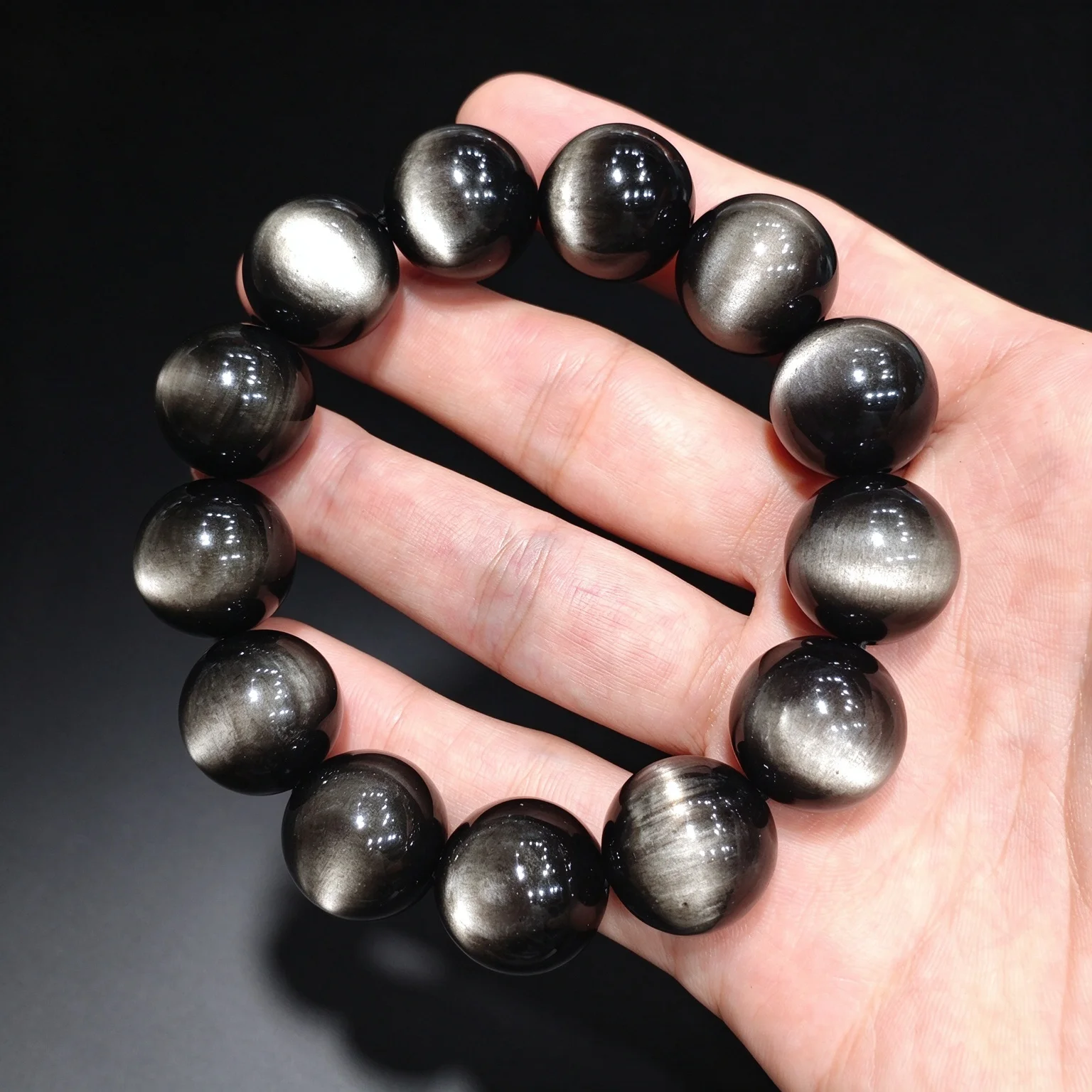 Minimalist Cat Eye Silver Obsidian Stretch Bangle Solid Gemstone Sphere Bead Wristwear Male Aesthetic Jewelry  for Husband