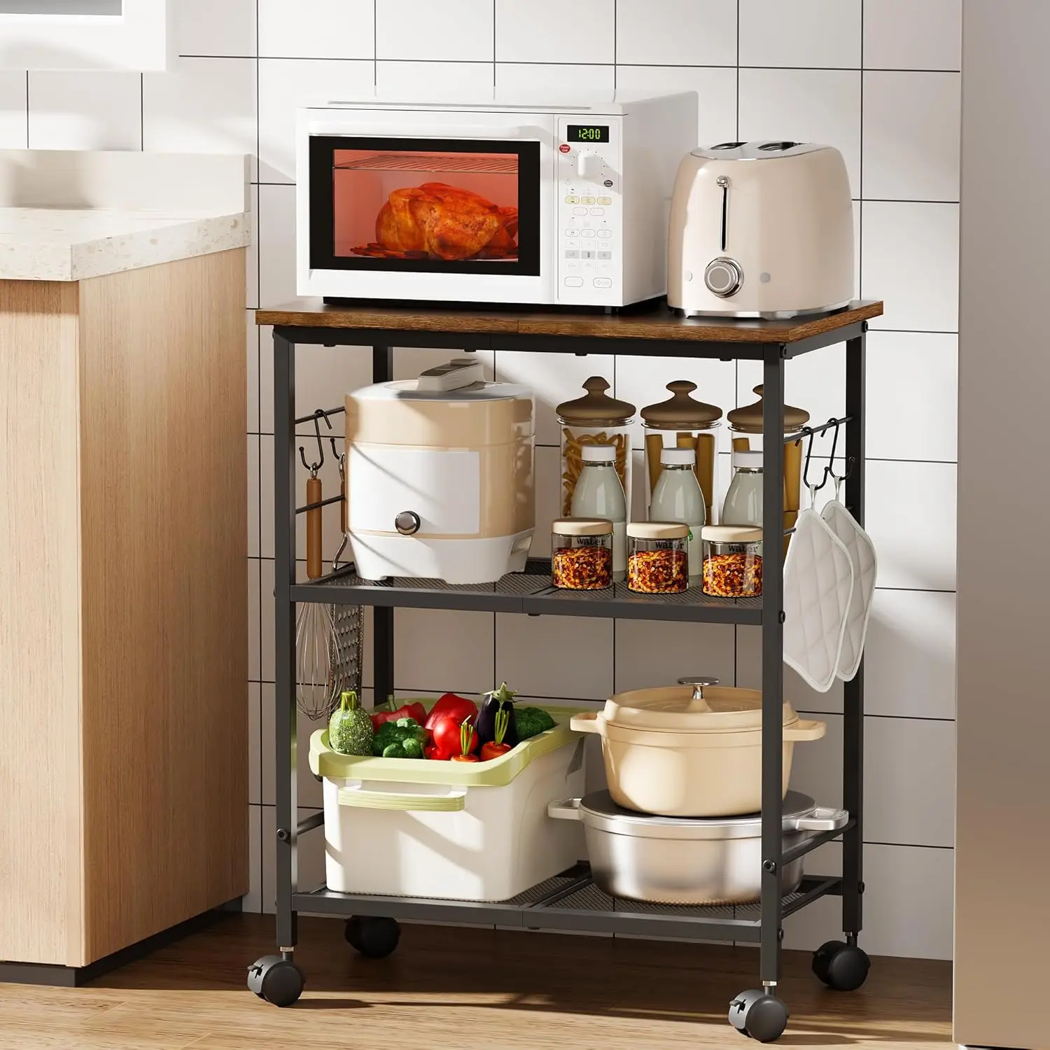 

Rolling Kitchen Cart 3 Tier, Microwave Kitchen Cart with Storage Function, Practical Roller Cart with 4 Locking Wheels f