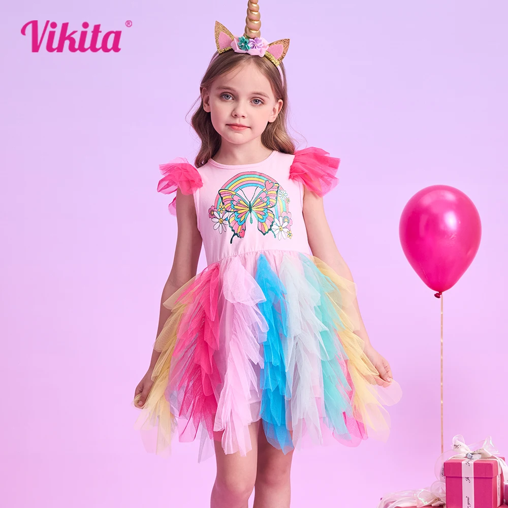 VIKITA Girls Butterfly PrintbDress Kids Flare Sleeve Summer Dresses Girl Rainbow Colorful Layered Mesh Tulle Tutu Princess Dress