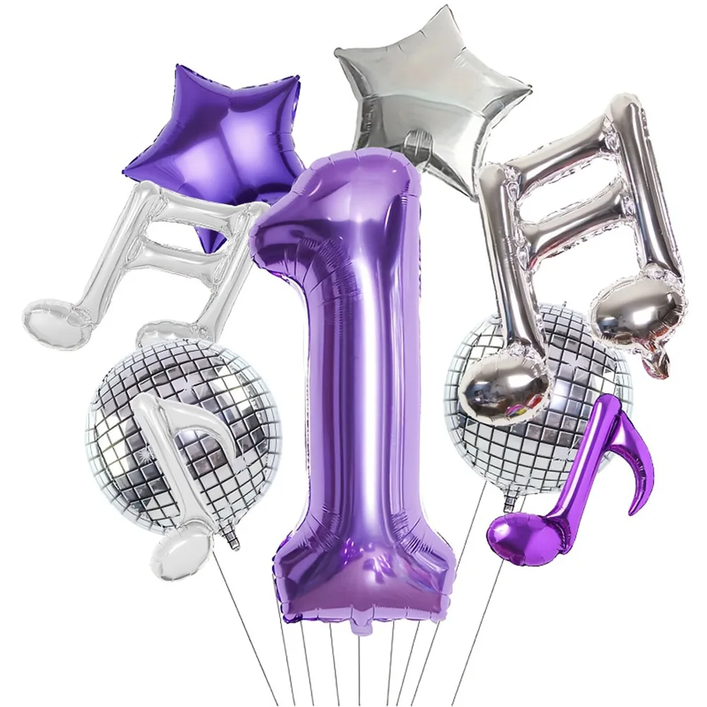 9-teiliges Pop-Musik-Party-Ballonset, 32 Zoll Lila Digitalzahlen 0-9 & Disco 4D Ballon & Silber-Lila Musiknoten & Stern-Ballons – Detail 3
