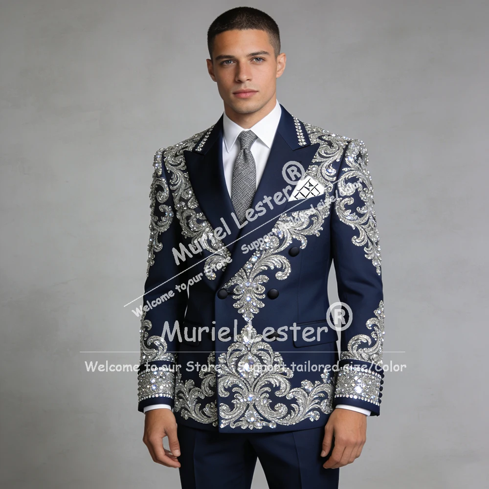 

Metallic Jewelry Stones Men Suit Attire 2 Piece Set Double Breasted Jacket Pants Customized Groom Formal Party Wedding Tuxedos