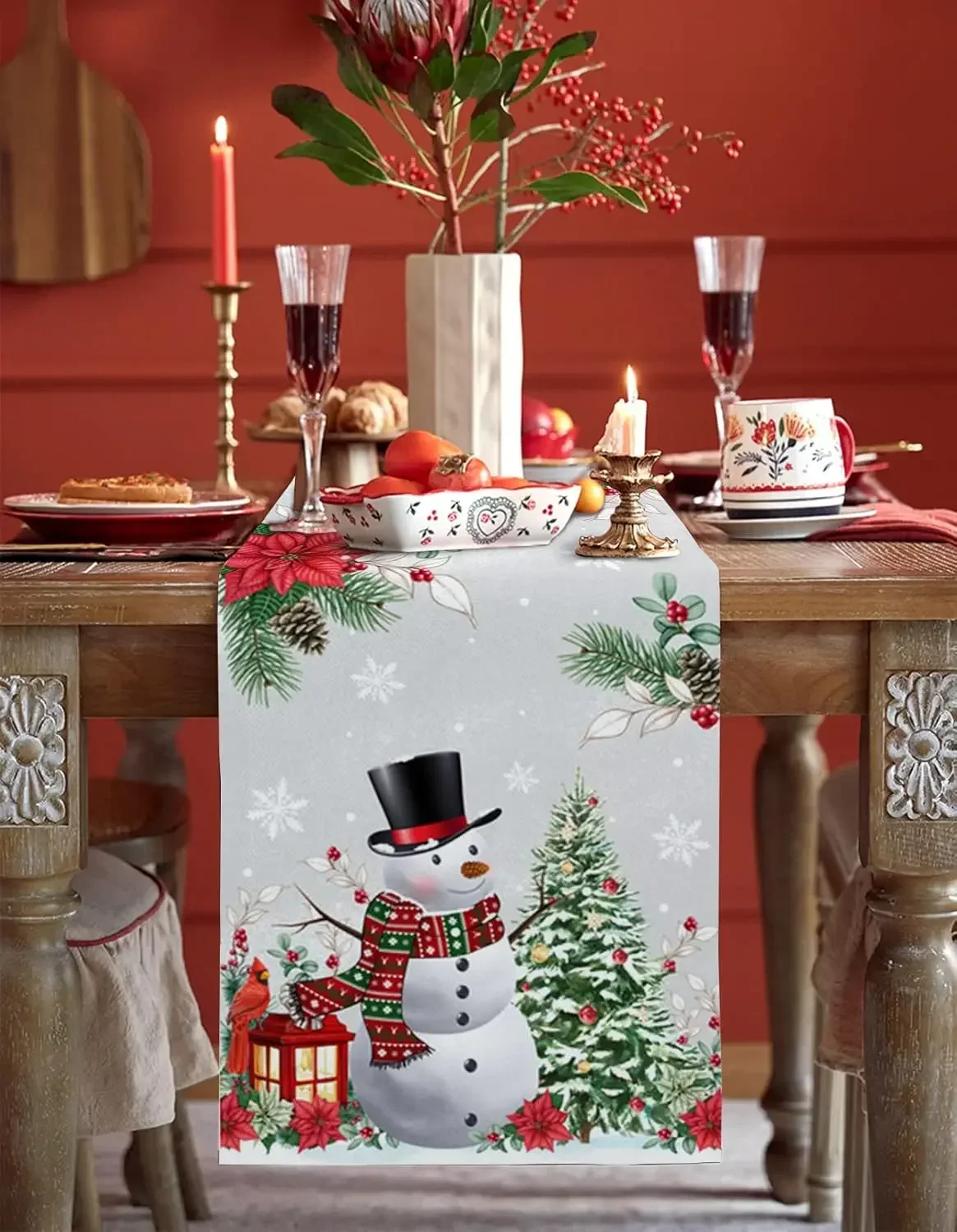 Christmas Snowman Tree Snowflake Linen Table Runners Party Decor Washable Winter Kitchen Table Runners Christmas Decorations