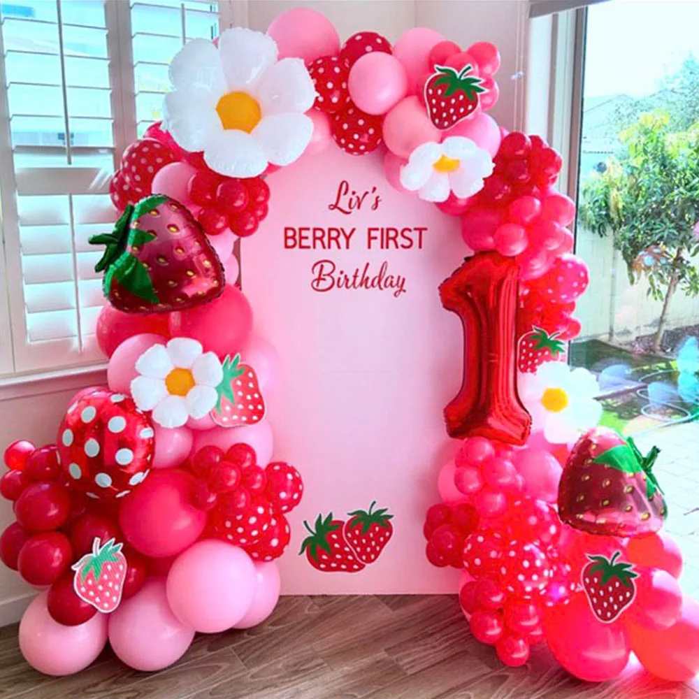 

115pcs Strawberry Balloons Garland Arch Kit,Girls Berry First Birthday Party Decorations Wedding Theme Backdrop Supplies Globos