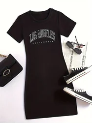 Summer Women's Los Angeles Print Casual Slim Fit Short Sleeve Round Neck T-shirt Mini Dress Short Sleeve Shirt Mini Dresses Roun