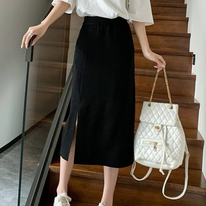 تنورة أنيقة مقسمة لربيع وصيف 2024، تنورة مرنة عالية الخصر طويلة على شكل حرف A للسيدات #4