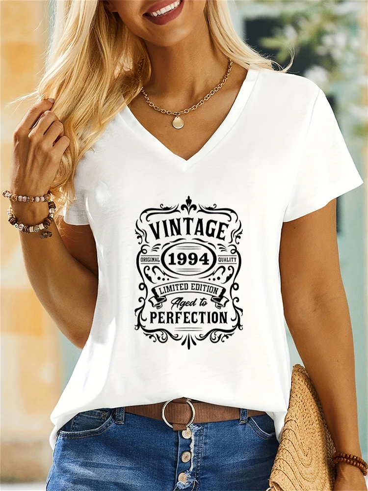 Women Birthday Tshirt Gift Vintage 1985 To 1994 Limited Edition Perfection Lady Party Shirt Short Sleeves V-neck Vintage Style T