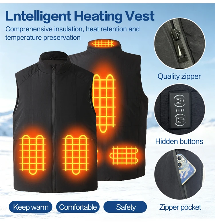 Beheizte Herrenweste, USB-aufladbar, 6 Heizzonen, elektrische Thermoweste, Stehkragen, ärmellose Heizweste, waschbar, Winter – Detail 3
