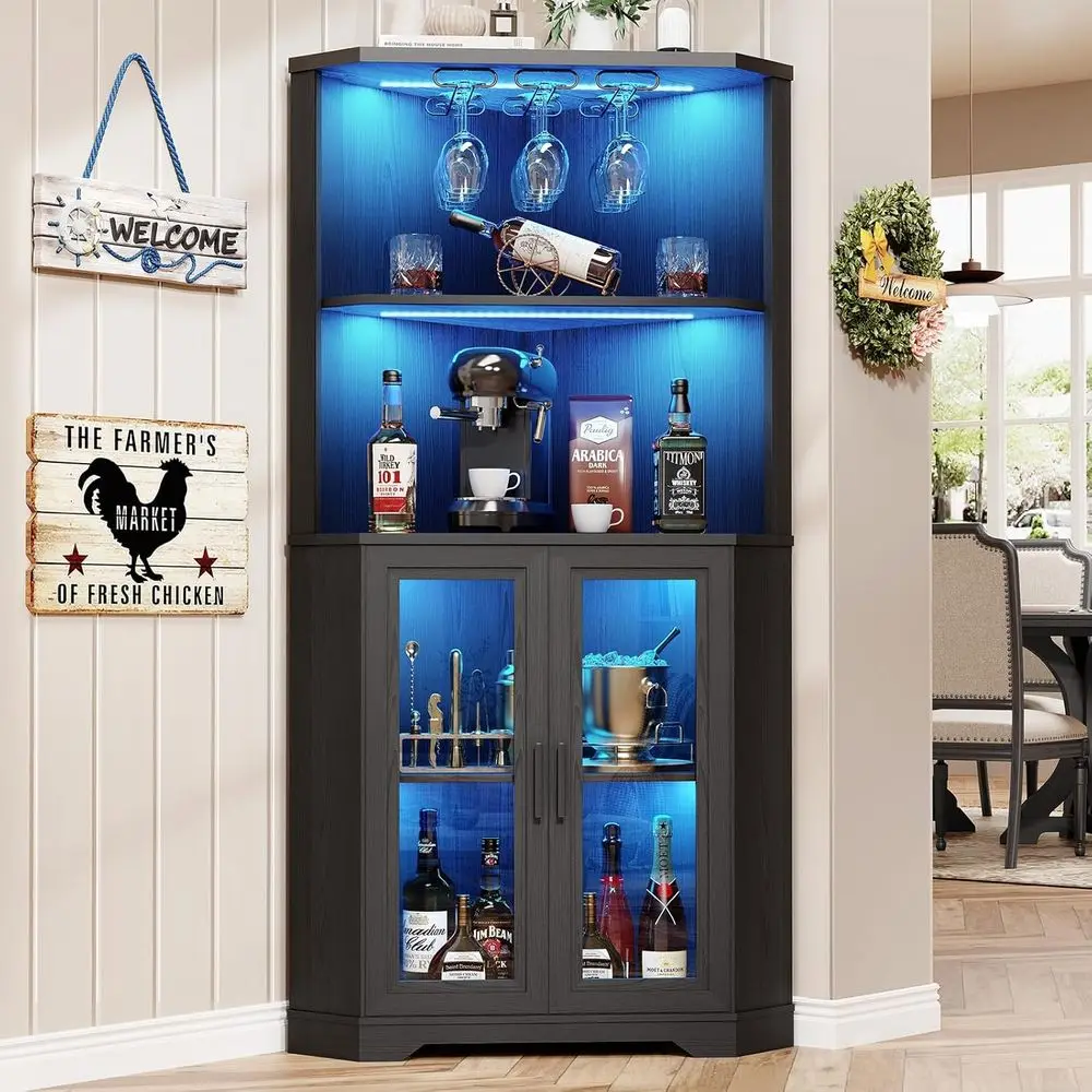 

LED-Illuminated Bar Cabinet, 65 High Wine Storage with Glass Rack & Safety Glass Door, 4-Tier Spirit Display for Dining Area, Bl