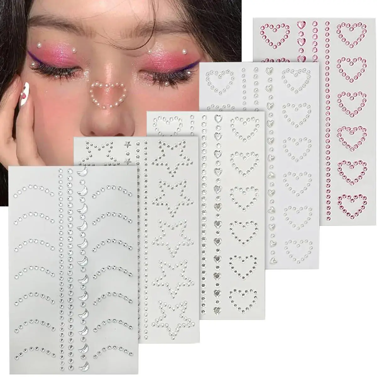 1/5 Sheets Self Adhesive Face Makeup Gems Pearls 3D Star Heart Moon Shape Jewels Face Hair Makeup Body Rhinestone Stickers Decor
