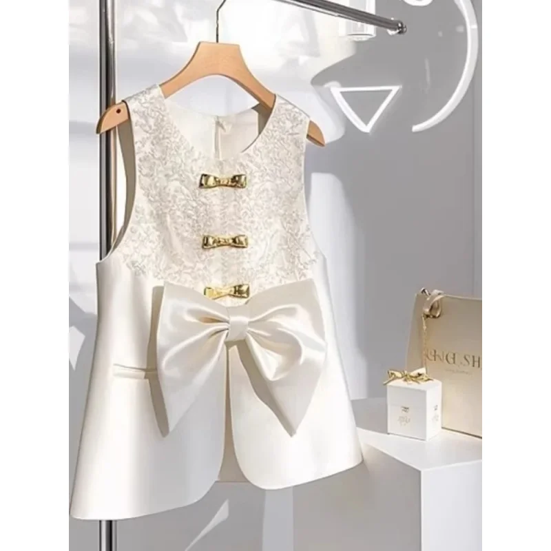 

Summer New Chinese Style Jacquard Splicing Jackets Waistcoats Sweet Bow Luxury Sleeveless Tank Tops Elegant Women Formal Party