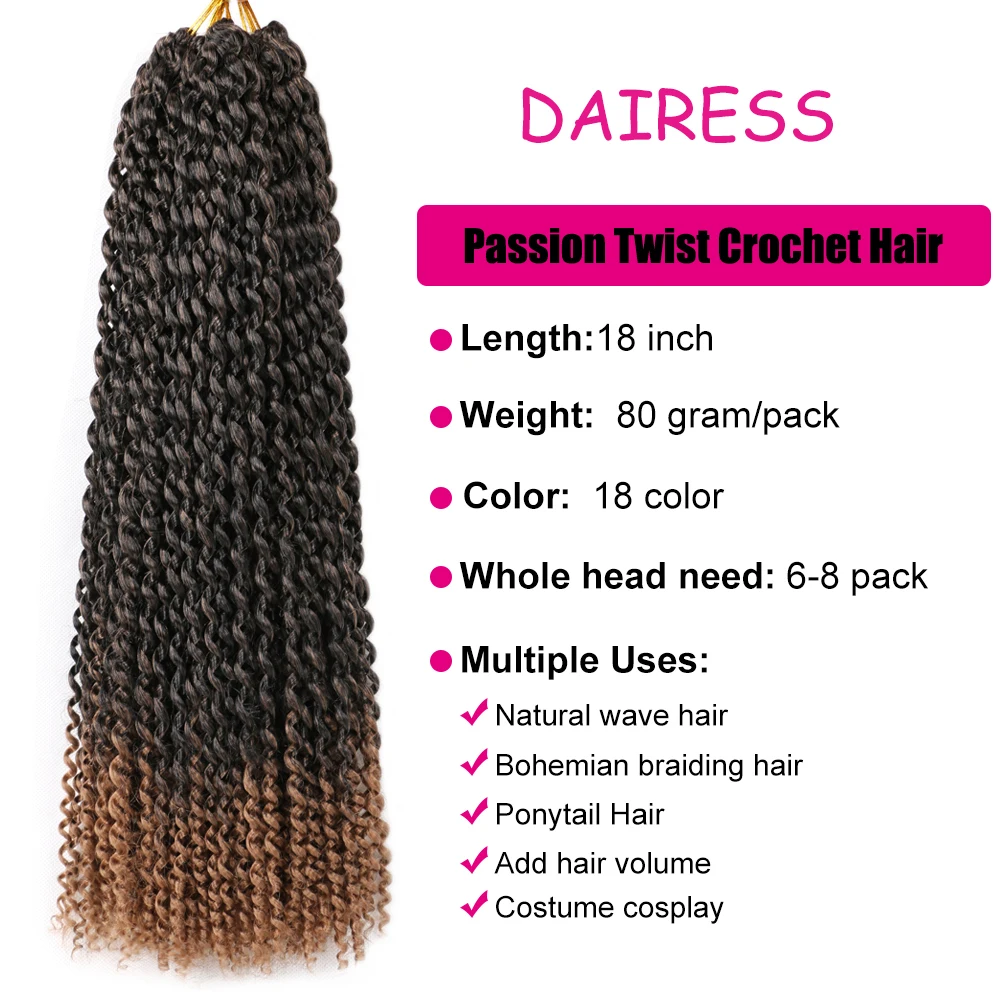 Dairess Synthetic Passion Twist Crochet Hair Extensions Afro Kinky Ombre Color Crochet Braids For Black Women