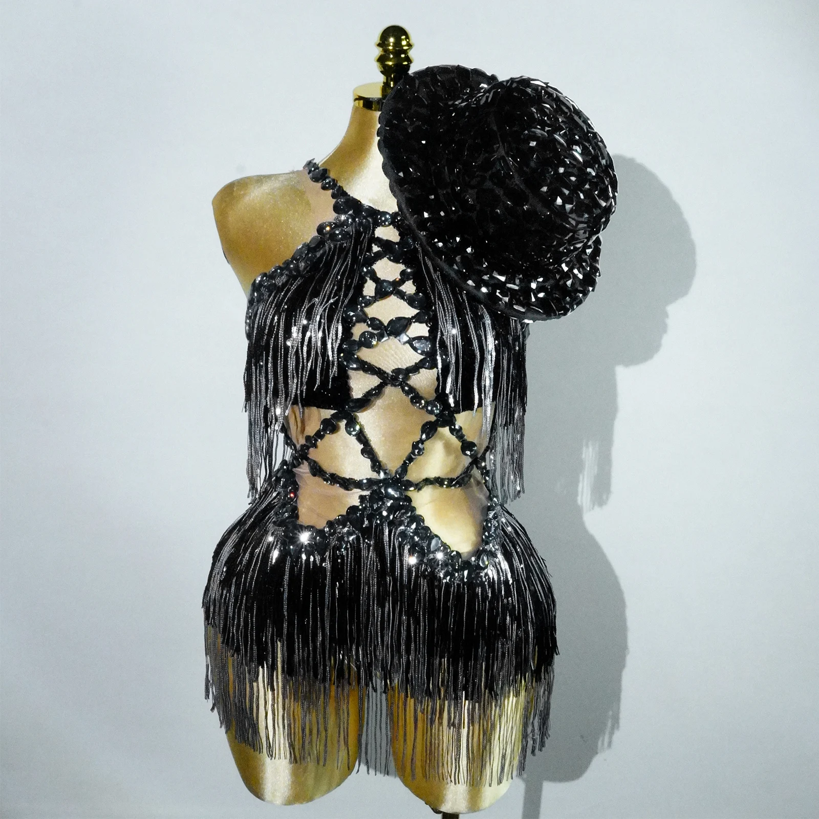 

Black Hat Sexy Tassel Rhinestone Ladys Dress Stage Performance Singer Drag Queen Costume Nightclub Birthday Party Dance Costume