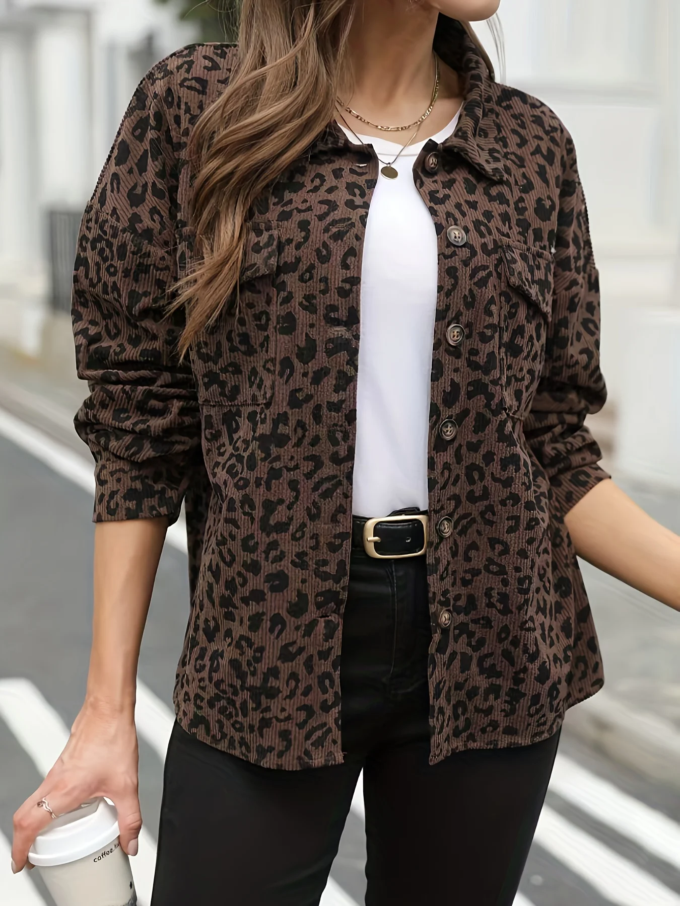 

New Women's Leopard Print Corduroy Casual Jacket, Fashionable Loose-Fit Women's Coat