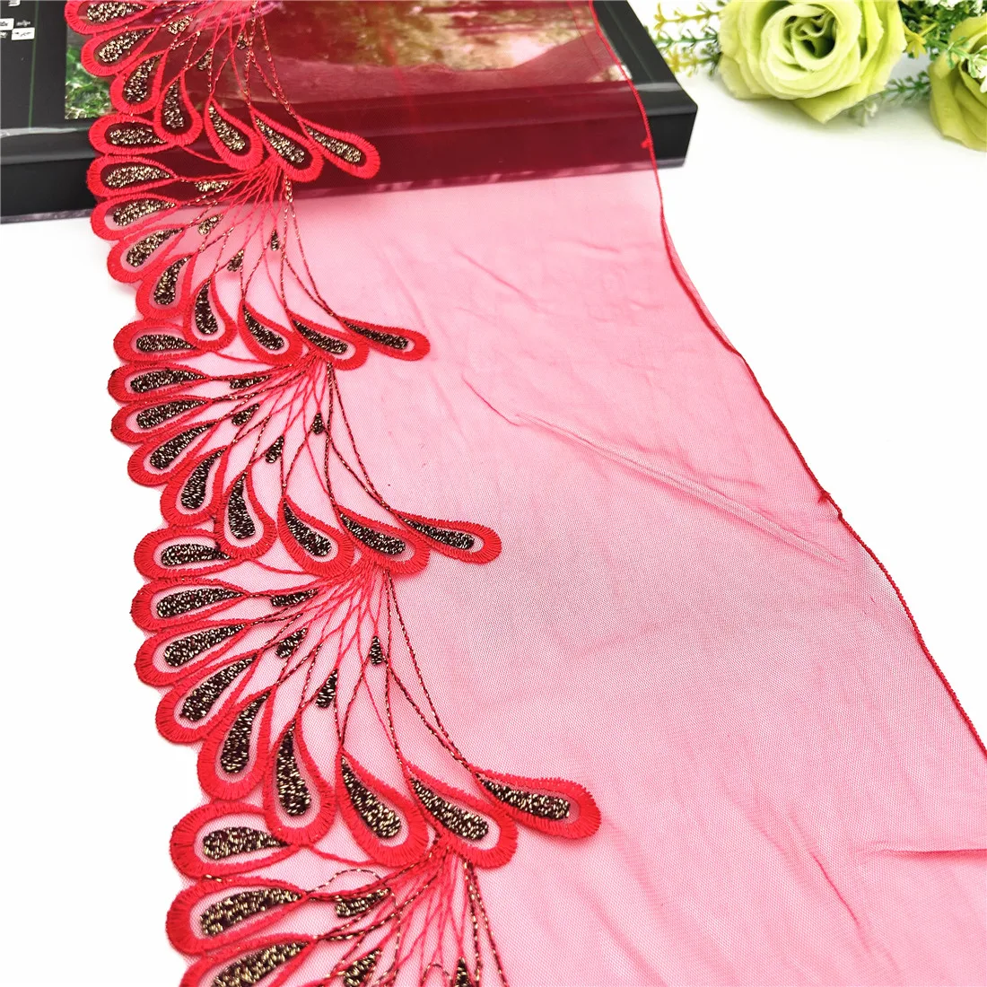 3y/lot 18.50cm Dark Blue Red Shimmer Embroidery Lace Trim Clothing Accessories Dress Sewing Applique Costume Lace Fabric Wedding