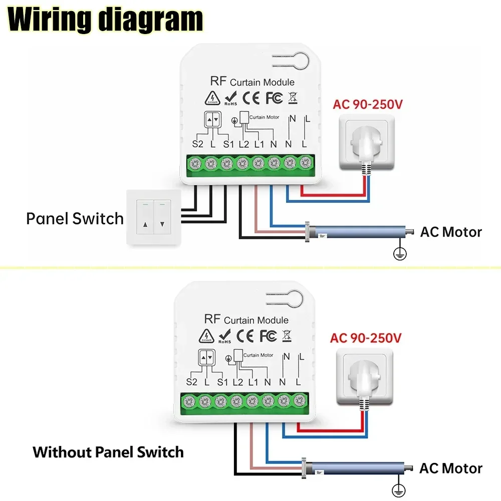 433Mhz RF Curtain Switch 110v 220v 10A Roller Blinds Shutters Module Remote Control for Electric Blind Motor Projector Screen