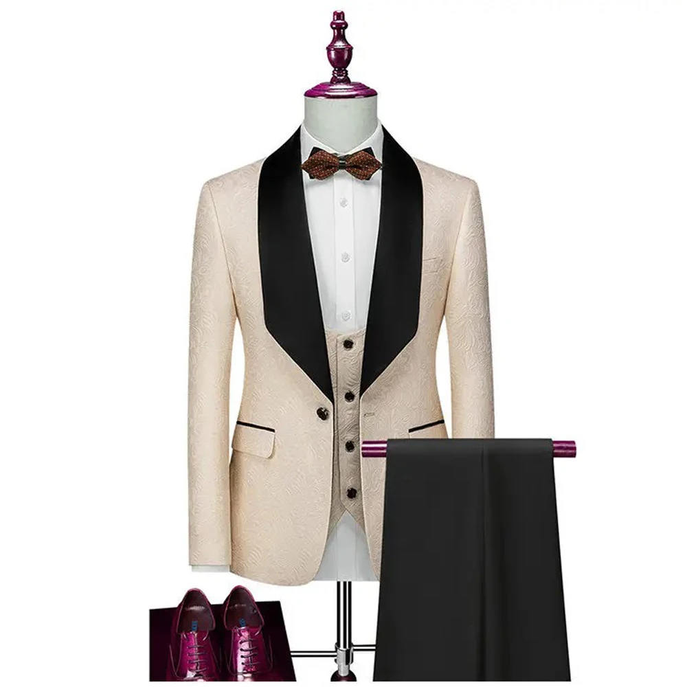 Jacquard Men's Casual Black Shawl Lapel 3-piece Blazer Vest Pants Personalized Simple Suit Dress Set Men's Suit Custom Made Set