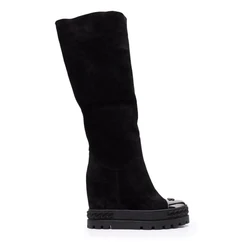 Black Suede Metal Iron Toe Knee Boots Hidden Wedge Platform Foldover Roman Boots Woman Inner Height Increasing Two Wear Boots