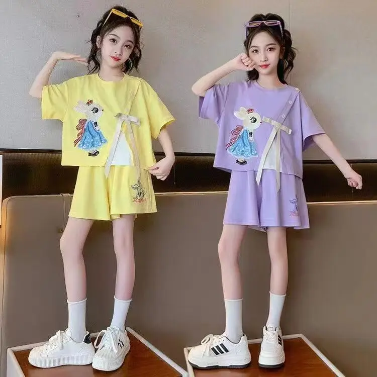 

Girls Clothes Set Summer Outfits Baby Kids Clothes Cute Cartoon Shirt+Shorts Fashion Children's Clothing Suits Teen 4 6 8 10 12Y