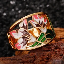 Huitan Romantic Pink Flower Hollow Out Band Women's Finger Ring Gold Color Creative Enamel Rings for Party Jewelry Drop Shipping