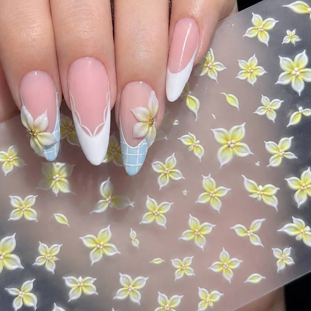 1Pc Soft Pastel Five Petal Frangipani 5D Raised Nail Decals Multicolor Flower Stickers Women Daily Summer Nail Art Tools