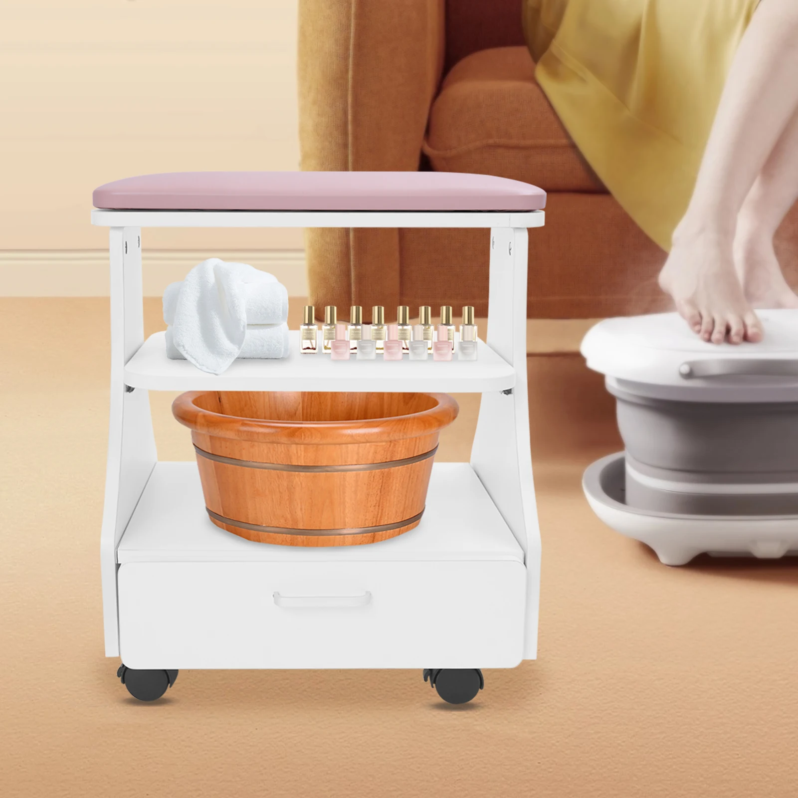 

110lbs Capacity Pink Nail Salon Cart MDF PVC Leather 3-Tier Rolling Storage 52 * 41 * 55cm Salon Equipment