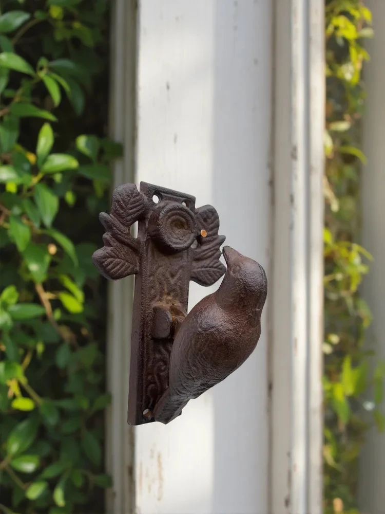 Vintage Rustic Cast Iron Door Handle with Bird and Leaf Design – Functional Art for Your Entryway